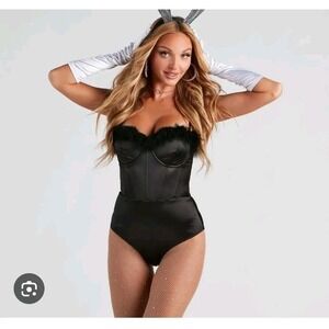 Windsor Black Satin Chic Icon Feather Trip Corset Sexy Bodysuit Size Small